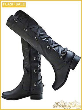 Lace Up Knee High Boots Motorcycle Riding Flat Low Heels Strappy Winter Combat